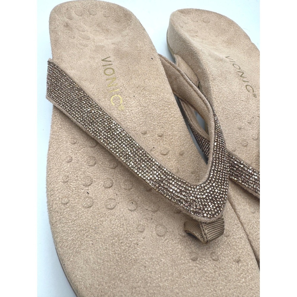 Vionic Dillon Shine Tan Rhinestone Orthotic Flip Flop Sandals Womens 9 - Picture 3 of 7